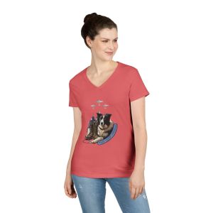 Whimsical Dog Adventure V-Neck T-Shirt, Cute Pet Lover Tee, Casual Dog Mom Shirt, Gift for Animal Lovers, Summer Fashion T-Shirt